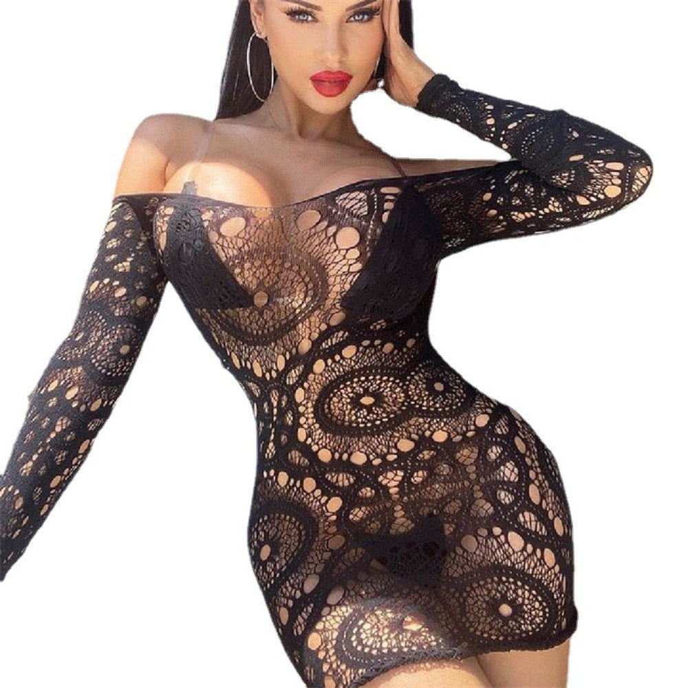 SSDH Sexy Lingerie for Women Fishnet Bodycon Dress Hollow Sheer Hip Skirt