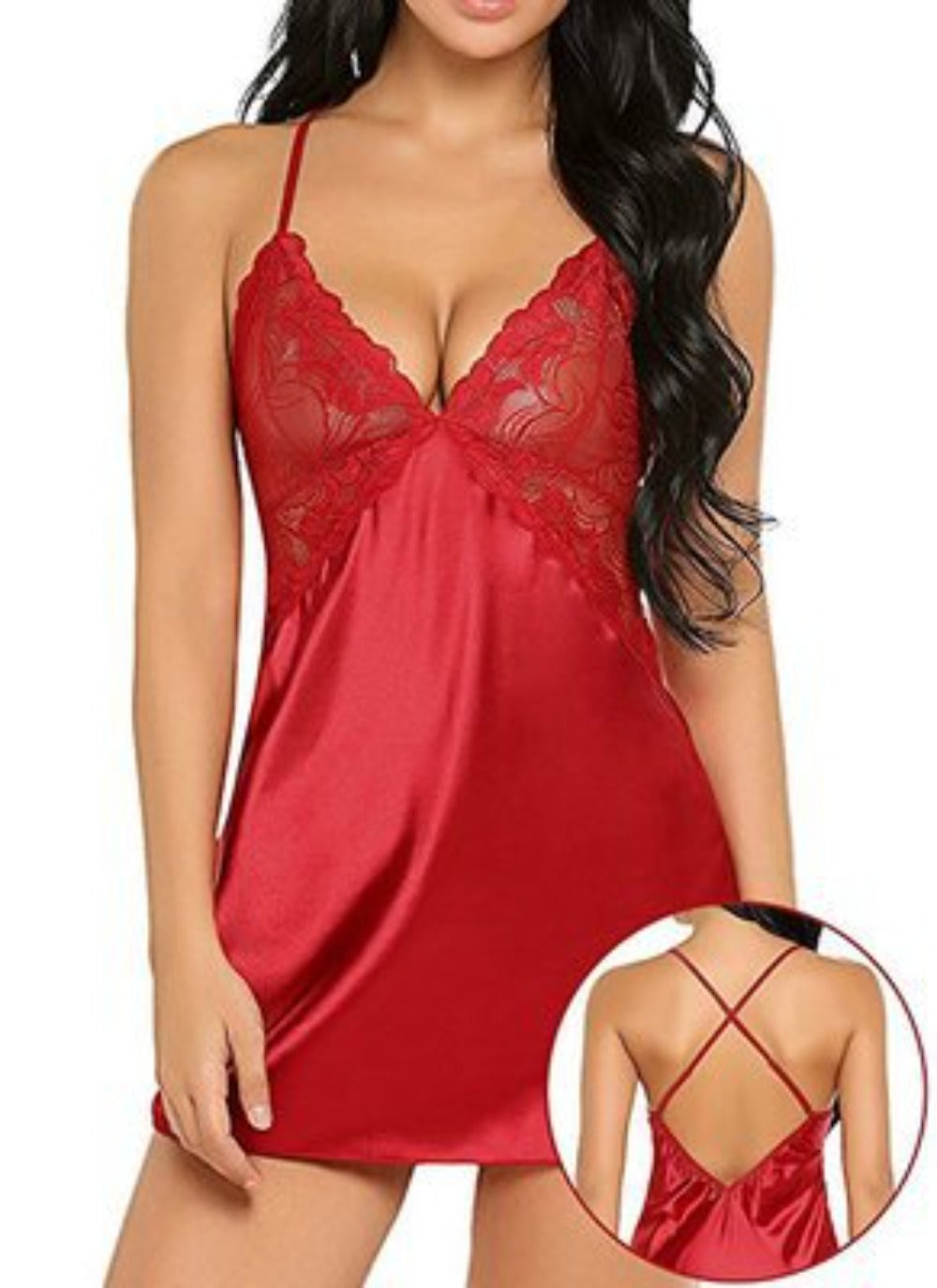 SSDH Women's Lingerie, Satin Lace Nightdress, V-Neck Sexy Nightgown