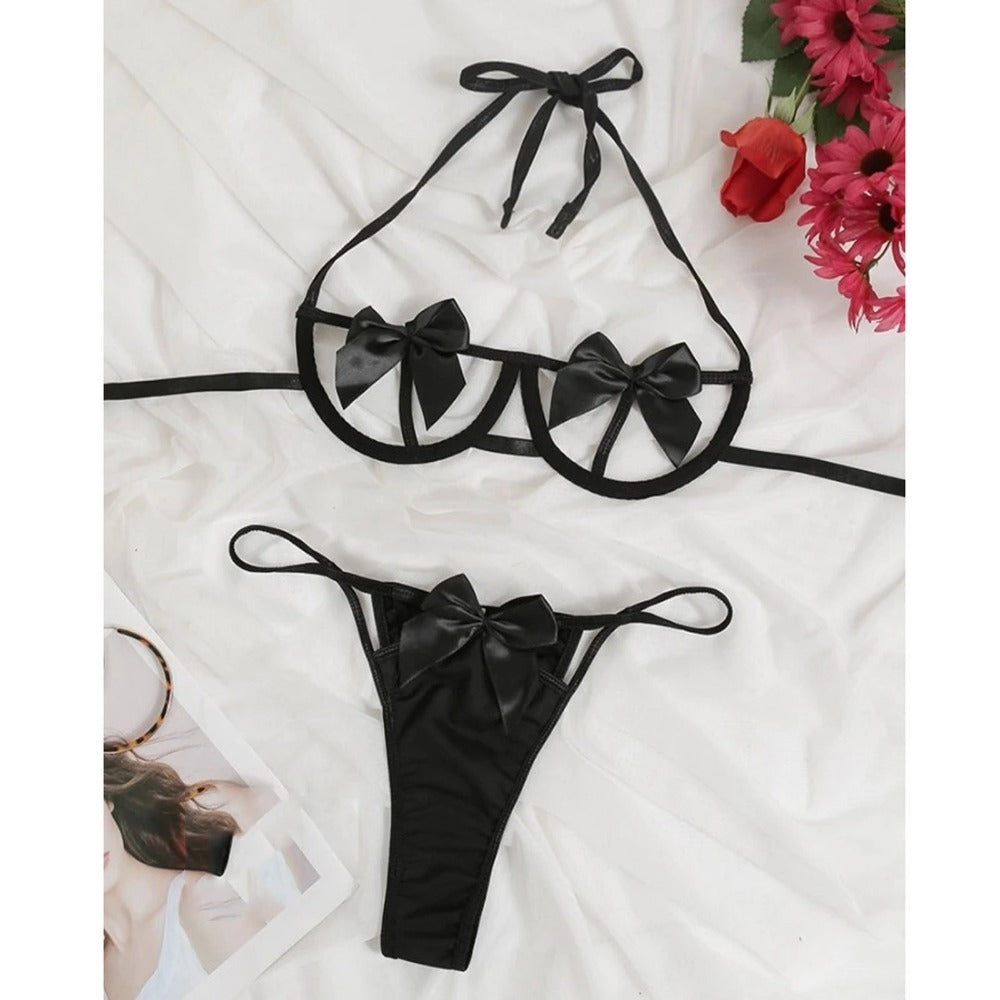 SSDH Women's Bikini Set Sexy Lingerie Halter-Neck Bowknot Hollow Nightgown