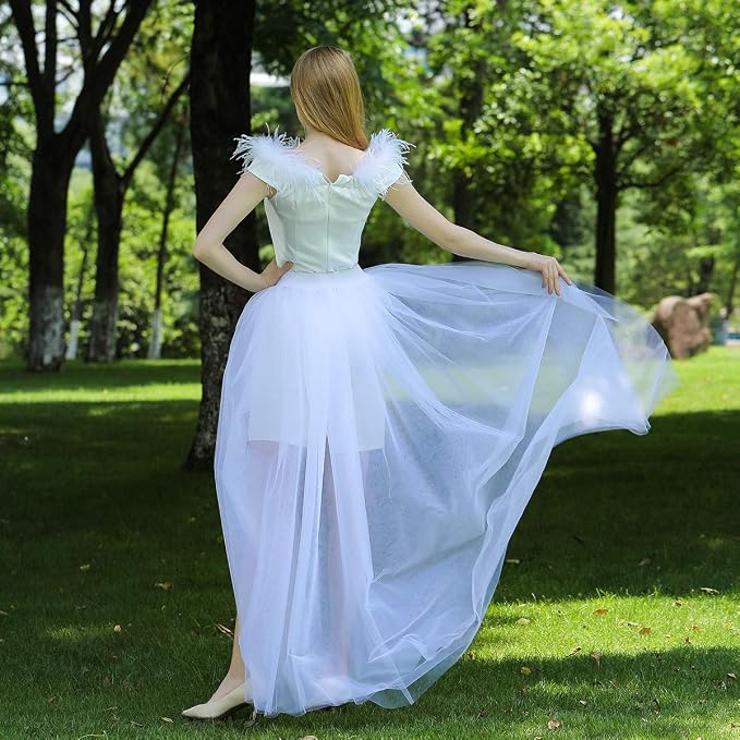 SSDH Women Long Tulle Tutu Skirts, 3 Layers Floor Length Elastic Waist Bustle Skirt for Wedding Prom Party Bride Gown Overskirt