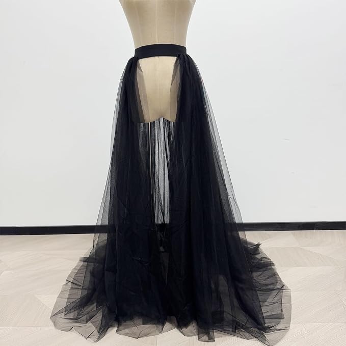SSDH Women Long Tulle Tutu Skirts, 3 Layers Floor Length Elastic Waist Bustle Skirt for Wedding Prom Party Bride Gown Overskirt