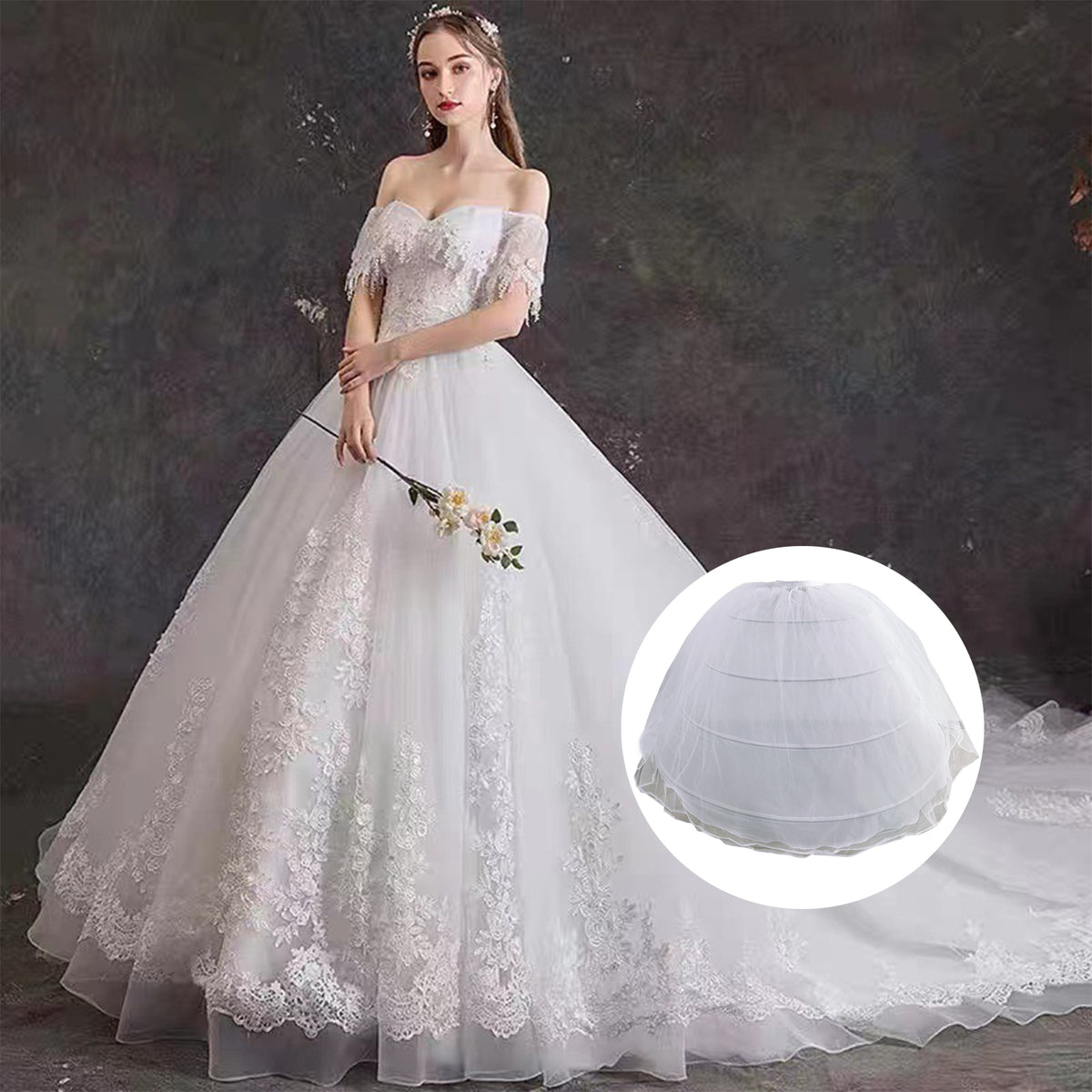 SSDH 2 Tulle Layers Puffy Crinoline Petticoat for Women White Adjustable Waist Petticoat Skirt Slips Long Underskirt for Wedding Dress Bridal Gown