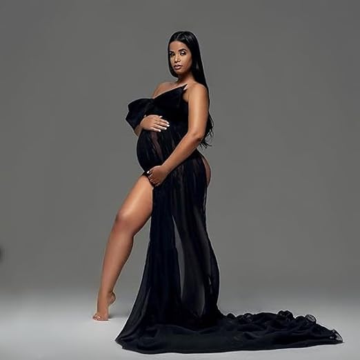 SSDH Chiffon Off The Shoulder Maternity Photoshoot Dress Black