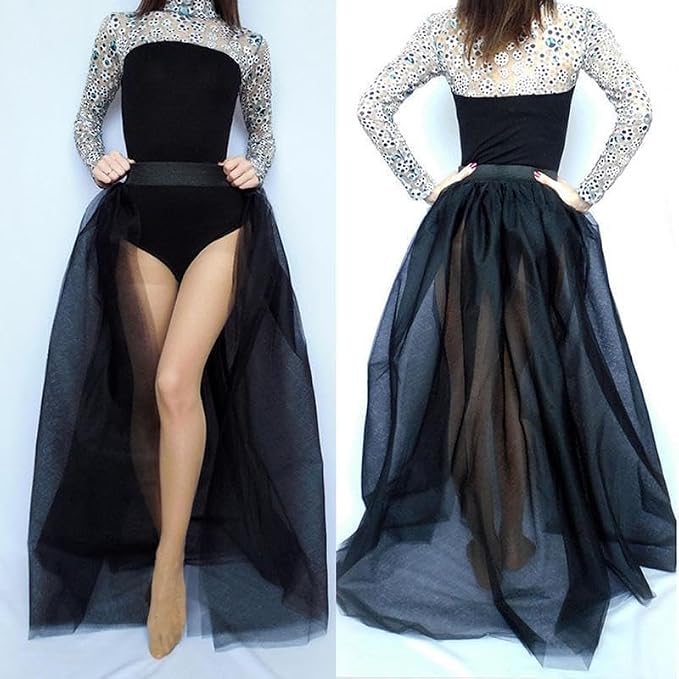SSDH Women Long Tulle Tutu Skirts, 3 Layers Floor Length Elastic Waist Bustle Skirt for Wedding Prom Party Bride Gown Overskirt