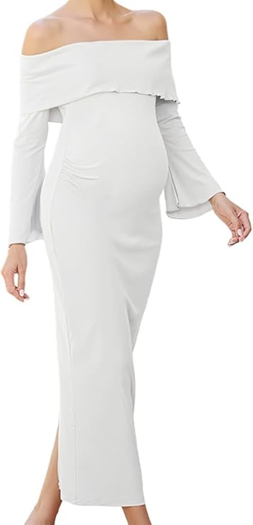 SSDH Women's Maternity Off Shoulder Maxi Tube Dresses Long for Baby Shower Photoshoot Formal
