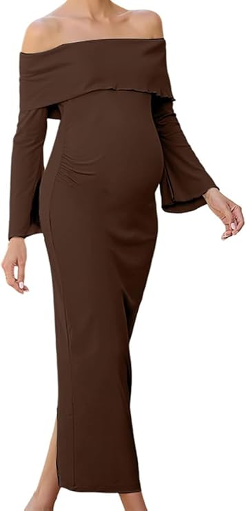 SSDH Women's Maternity Off Shoulder Maxi Tube Dresses Long for Baby Shower Photoshoot Formal