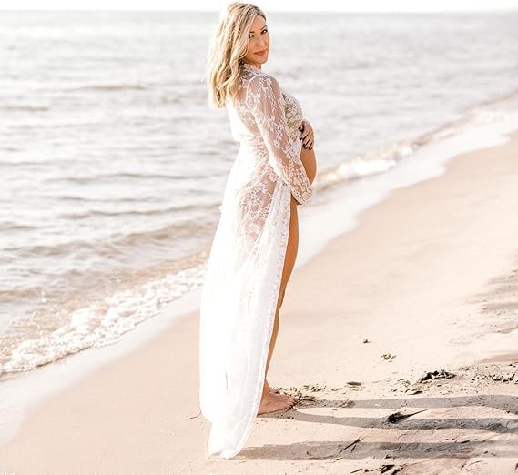 SSDH Maternity Deep V-Neck Split Front See-Through Maxi Sheer Lace Dress for Photography Costume Party Milk Bath Dress