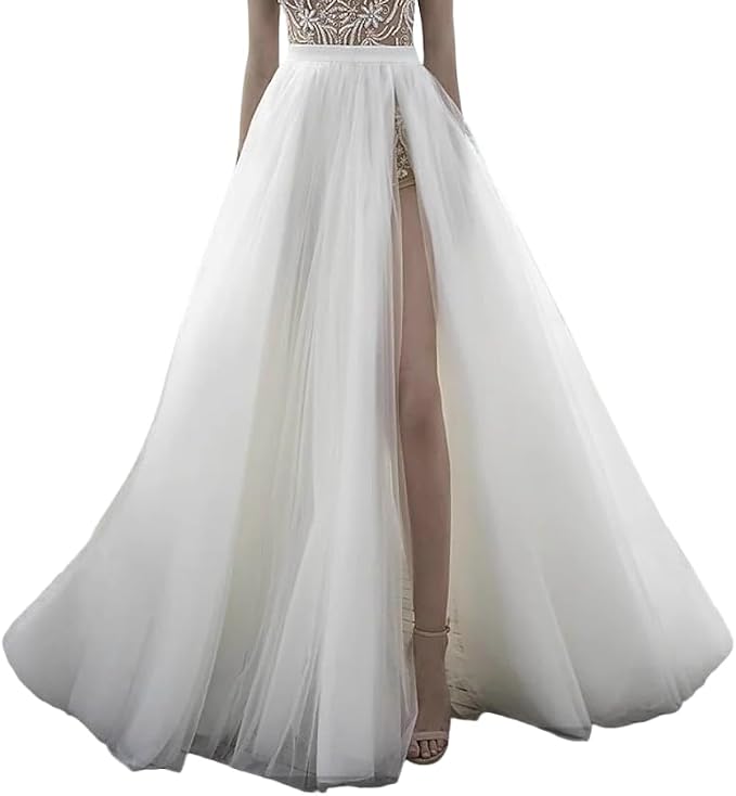 SSDH Women Long Steampunk Tulle Tutu Skirts, Side Slit Elastic Waist Bustle Skirt for Wedding Prom Party Gown Overskirt