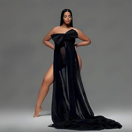SSDH Chiffon Off The Shoulder Maternity Photoshoot Dress Black