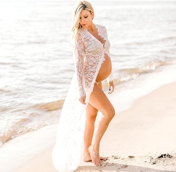 SSDH Maternity Deep V-Neck Split Front See-Through Maxi Sheer Lace Dress for Photography Costume Party Milk Bath Dress