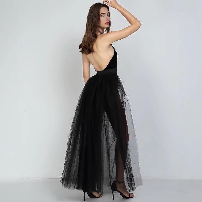 SSDH Women Long Tulle Tutu Skirts, 3 Layers Floor Length Elastic Waist Bustle Skirt for Wedding Prom Party Bride Gown Overskirt