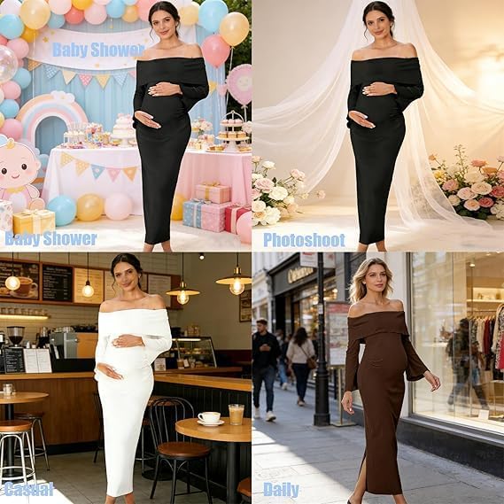 SSDH Women's Maternity Off Shoulder Maxi Tube Dresses Long for Baby Shower Photoshoot Formal