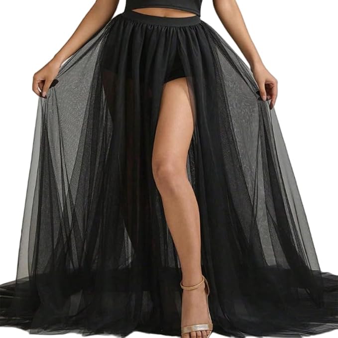 SSDH Women Long Steampunk Tulle Tutu Skirts, Side Slit Elastic Waist Bustle Skirt for Wedding Prom Party Gown Overskirt