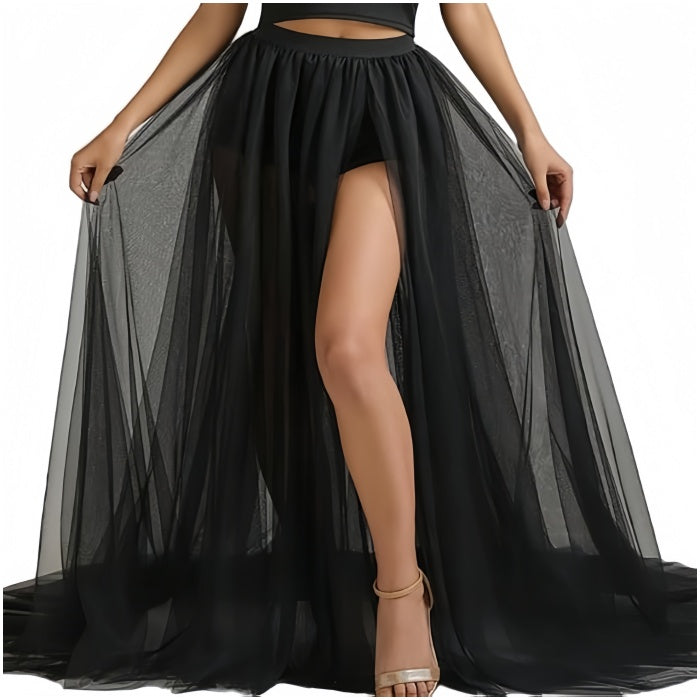 SSDH Women Long Steampunk Tulle Tutu Skirts, Side Slit Elastic Waist Bustle Skirt for Wedding Prom Party Gown Overskirt