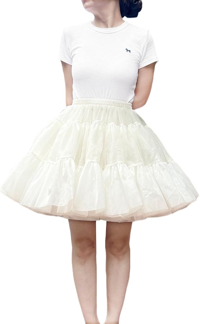 SSDH High Volume Short Lolita Petticoat Fluffy Tulle Hoopless Underskirt with Cotton Lining for Dresses, Costumes & Cosplay White