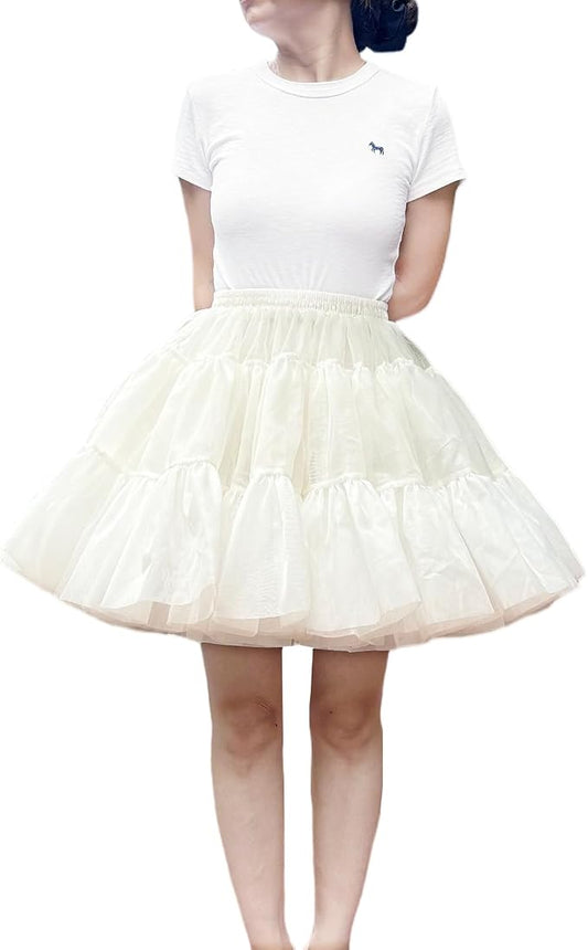 SSDH High Volume Short Lolita Petticoat Fluffy Tulle Hoopless Underskirt with Cotton Lining for Dresses, Costumes & Cosplay White