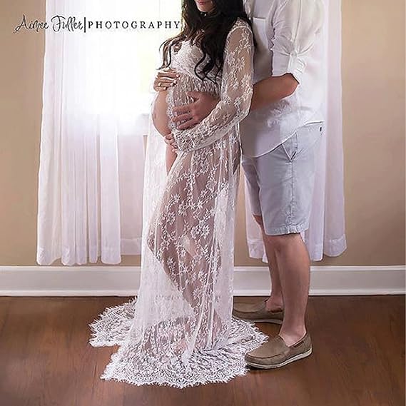 SSDH Maternity Deep V-Neck Split Front See-Through Maxi Sheer Lace Dress for Photography Costume Party Milk Bath Dress