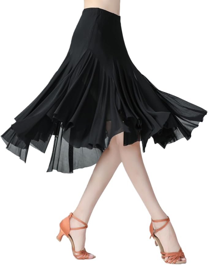 SSDH Women’s Tulle Skirts Midi Elastic Waist Pleated Mesh Flowy A-Line Skirt for Dance Party Practice Performance Outfit
