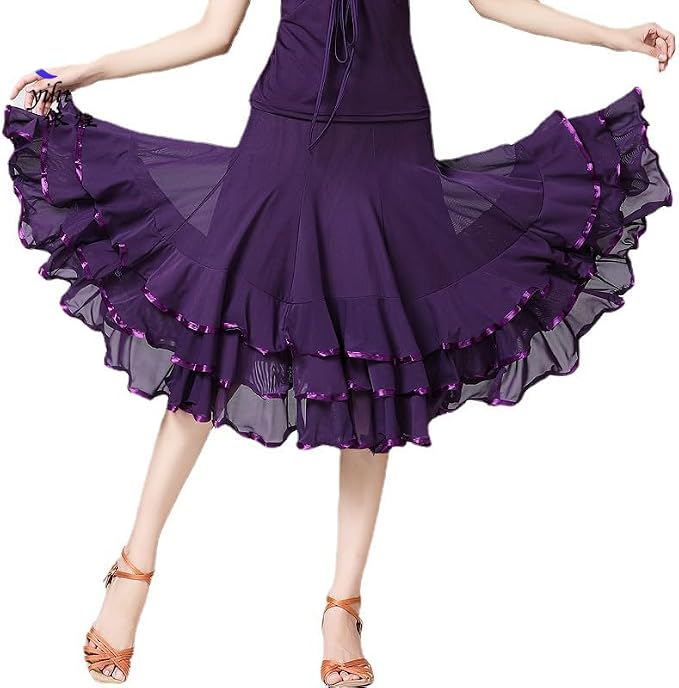 SSDH Women Elegant Ballroom Dance Skirt 3 Layer Ruffle Mesh Dance Skirt for Latin Flamenco Dance Performance