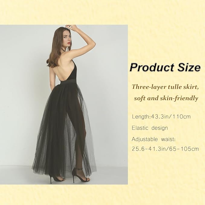 SSDH Women Long Tulle Tutu Skirts, 3 Layers Floor Length Elastic Waist Bustle Skirt for Wedding Prom Party Bride Gown Overskirt