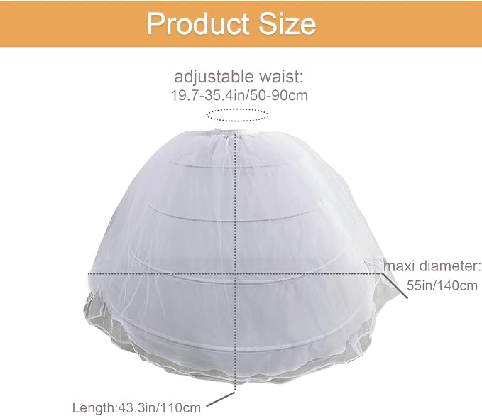SSDH 2 Tulle Layers Puffy Crinoline Petticoat for Women White Adjustable Waist Petticoat Skirt Slips Long Underskirt for Wedding Dress Bridal Gown