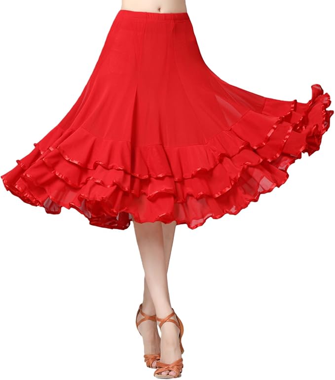SSDH Women Elegant Ballroom Dance Skirt 3 Layer Ruffle Mesh Dance Skirt for Latin Flamenco Dance Performance