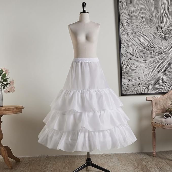 SSDH 3 Hoops Crinoline Petticoat for Women, 3 Ruffles Skirt Slips Long Underskirt for Wedding Dress Bridal Gown