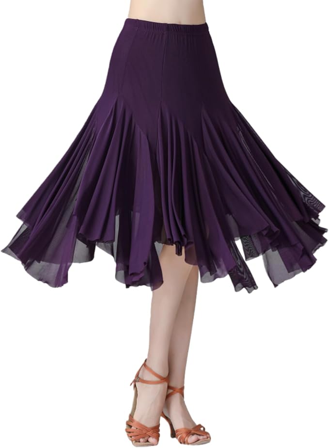 SSDH Women’s Tulle Skirts Midi Elastic Waist Pleated Mesh Flowy A-Line Skirt for Dance Party Practice Performance Outfit