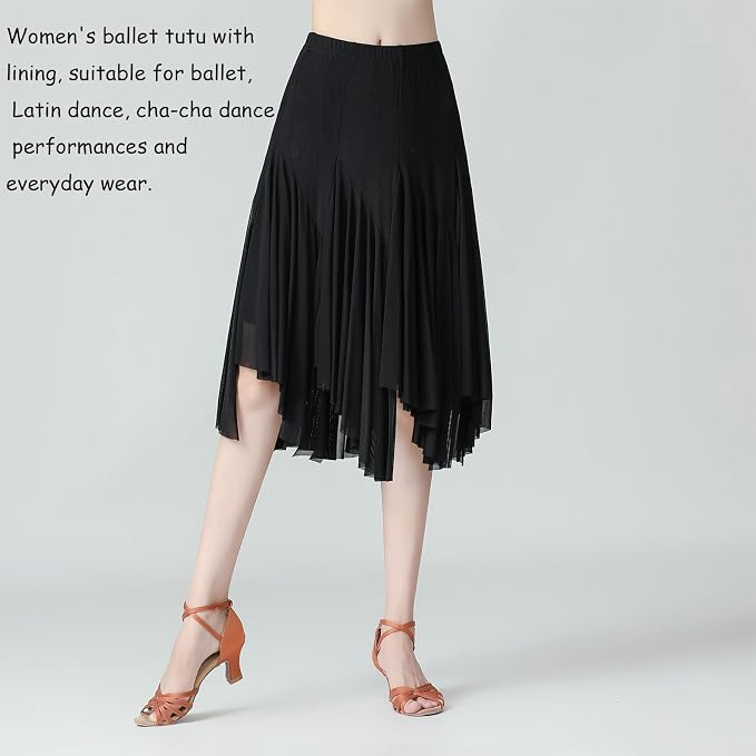 SSDH Women’s Tulle Skirts Midi Elastic Waist Pleated Mesh Flowy A-Line Skirt for Dance Party Practice Performance Outfit