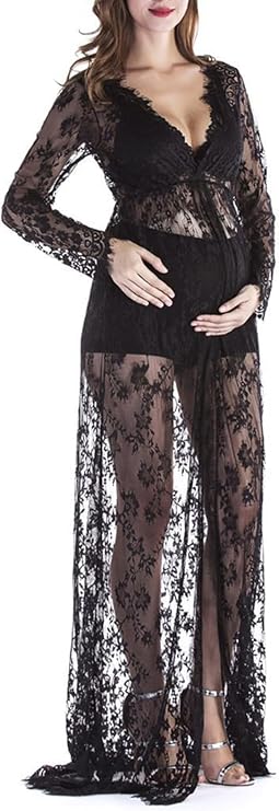 SSDH Maternity Deep V-Neck Split Front See-Through Maxi Sheer Lace Dress for Photography Costume Party Milk Bath Dress
