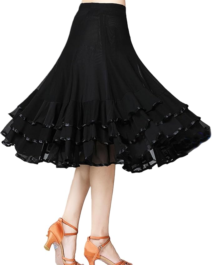 SSDH Women Elegant Ballroom Dance Skirt 3 Layer Ruffle Mesh Dance Skirt for Latin Flamenco Dance Performance