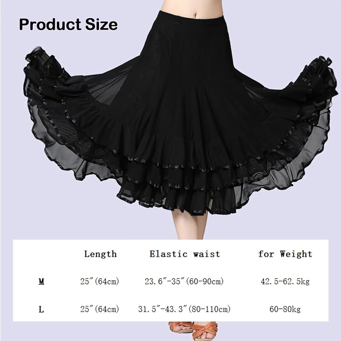 SSDH Women Elegant Ballroom Dance Skirt 3 Layer Ruffle Mesh Dance Skirt for Latin Flamenco Dance Performance