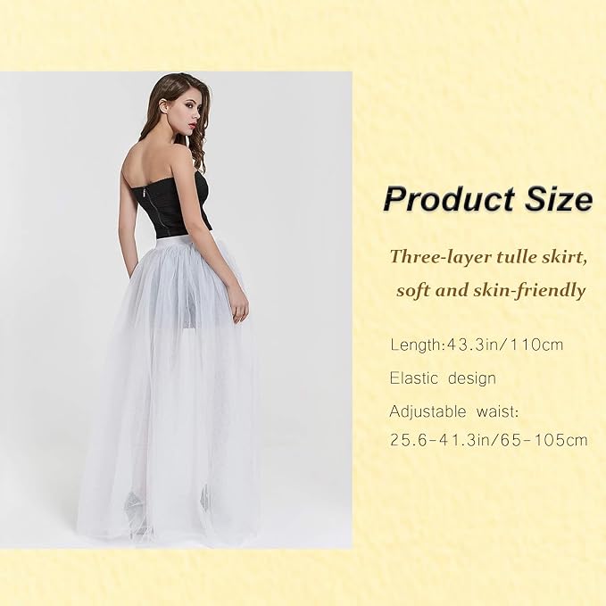 SSDH Women Long Tulle Tutu Skirts, 3 Layers Floor Length Elastic Waist Bustle Skirt for Wedding Prom Party Bride Gown Overskirt