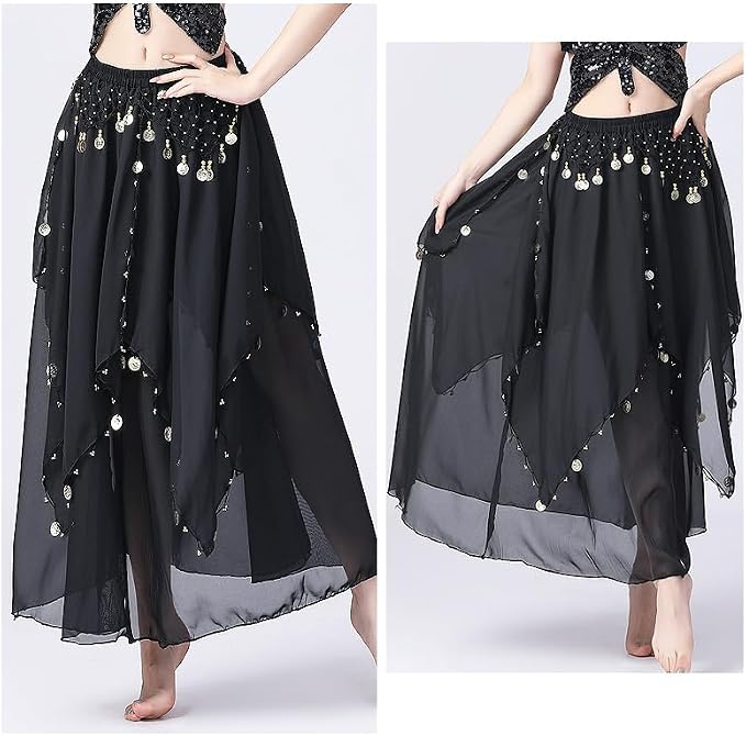 SSDH Belly Dance Chiffon Skirt with Gold Coins Belly Dancer Dancing Costume for Women Dance Performance Outfit