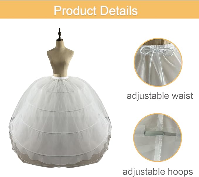 SSDH 2 Tulle Layers Puffy Crinoline Petticoat for Women White Adjustable Waist Petticoat Skirt Slips Long Underskirt for Wedding Dress Bridal Gown