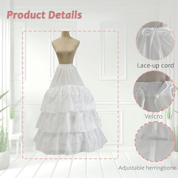 SSDH 3 Hoops Petticoat Skirt 3 Ruffles A-line Crinoline Slips Long Underskirt for Women's Wedding Dress Bridal Gown White
