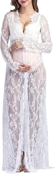SSDH Maternity Deep V-Neck Split Front See-Through Maxi Sheer Lace Dress for Photography Costume Party Milk Bath Dress