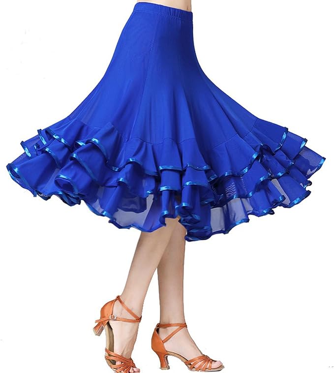 SSDH Women Elegant Ballroom Dance Skirt 3 Layer Ruffle Mesh Dance Skirt for Latin Flamenco Dance Performance