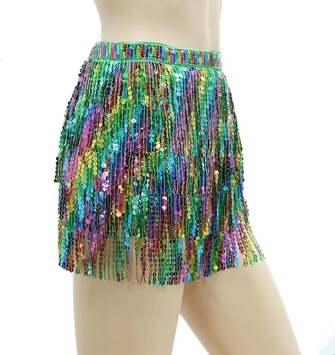 SSDH Women's Colorful Fringe Sequin Skirt Belly Dance Sparkly Tassel Skirts for Costume Carnivals, Parties, Dances, Performances