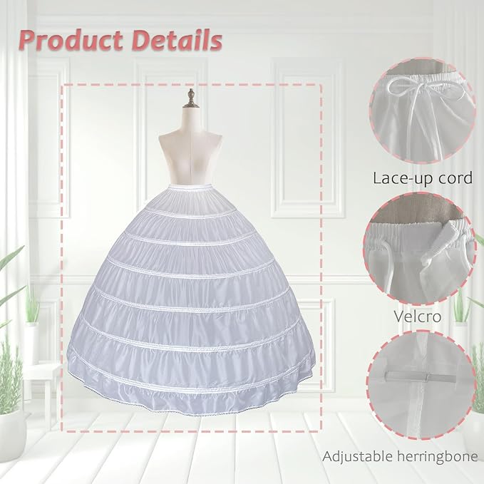 SSDH 6 Hoops Crinoline Petticoat for Women, A-line Skirt Slips Long Underskirt for Wedding Dress Bridal Gown