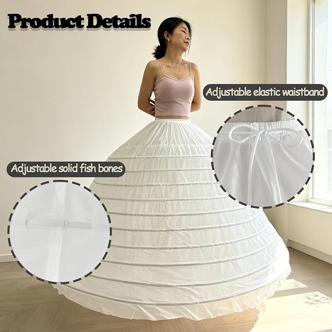 SSDH Women's Hoops Petticoat Crinoline Underskirt, A-Line Floor-Length Adjustable Waist Slip for Wedding Dress