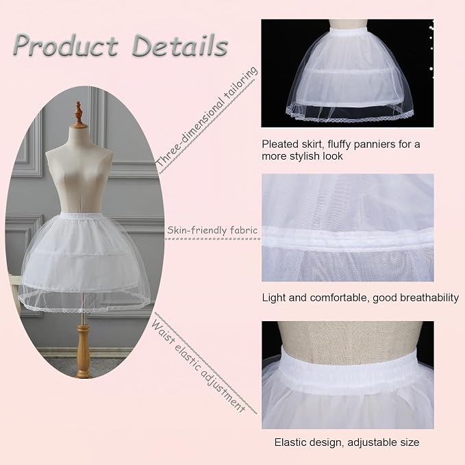 SSDH Girls Petticoat Wedding Flower Girls Underskirt with 2 Hoops Full Slip Elastic Child's Crinoline Underskirt