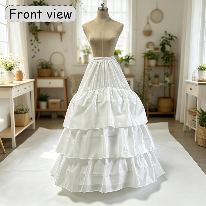 SSDH 3 Hoops Petticoat Skirt 3 Ruffles A-line Crinoline Slips Long Underskirt for Women's Wedding Dress Bridal Gown White