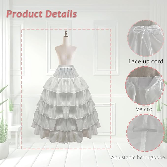 SSDH 4 Hoop Crinoline Petticoat for Women, 5 Ruffles Skirt Slips Long Underskirt for Wedding Dress Bridal Gown
