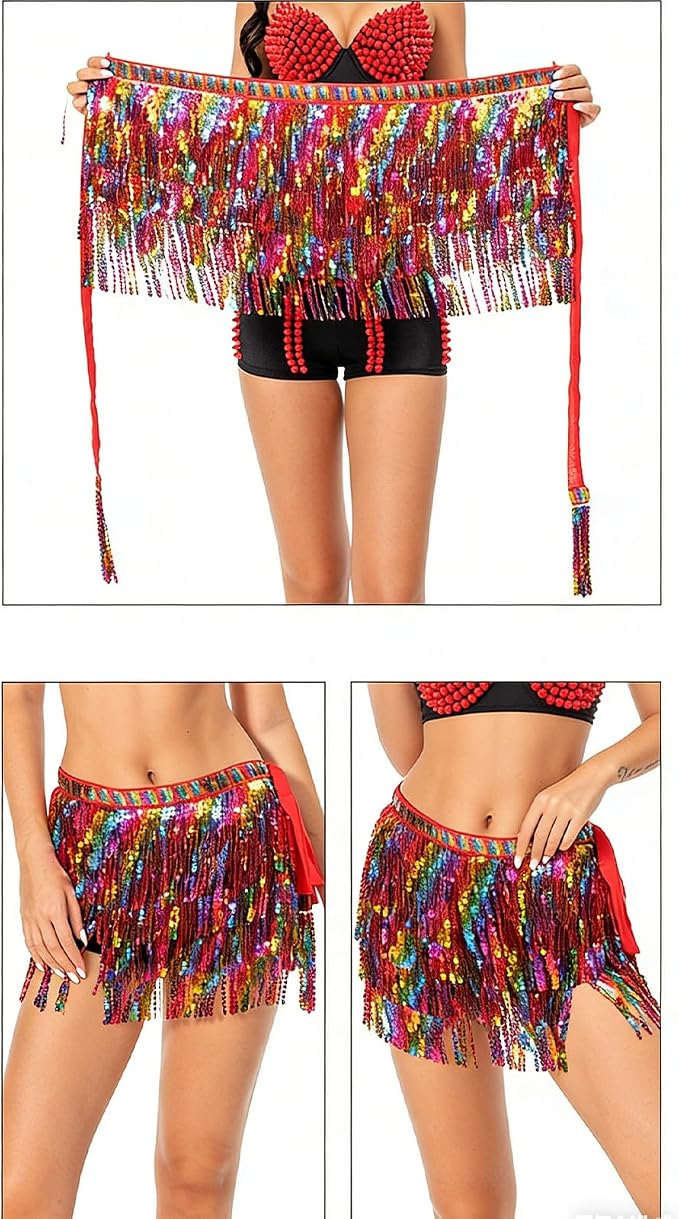 SSDH Women's Colorful Fringe Sequin Skirt Belly Dance Sparkly Tassel Skirts for Costume Carnivals, Parties, Dances, Performances