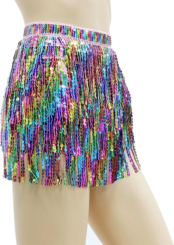 SSDH Women's Colorful Fringe Sequin Skirt Belly Dance Sparkly Tassel Skirts for Costume Carnivals, Parties, Dances, Performances