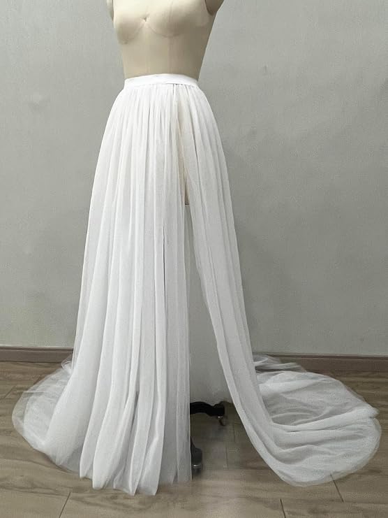 SSDH Women Long Steampunk Tulle Tutu Skirts, Side Slit Elastic Waist Bustle Skirt for Wedding Prom Party Gown Overskirt