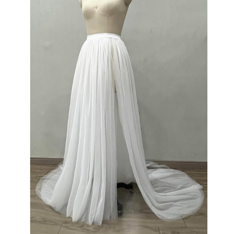 SSDH Women Long Steampunk Tulle Tutu Skirts, Side Slit Elastic Waist Bustle Skirt for Wedding Prom Party Gown Overskirt