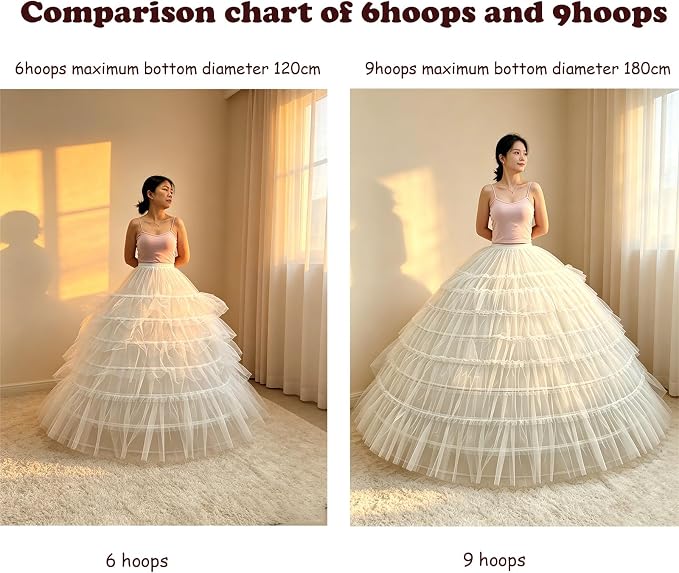 SSDH 9 Hoops Puffy Crinoline Petticoat Tulle Underskirt for Wedding White