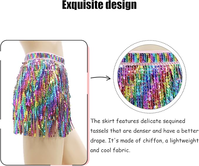 SSDH Women's Colorful Fringe Sequin Skirt Belly Dance Sparkly Tassel Skirts for Costume Carnivals, Parties, Dances, Performances
